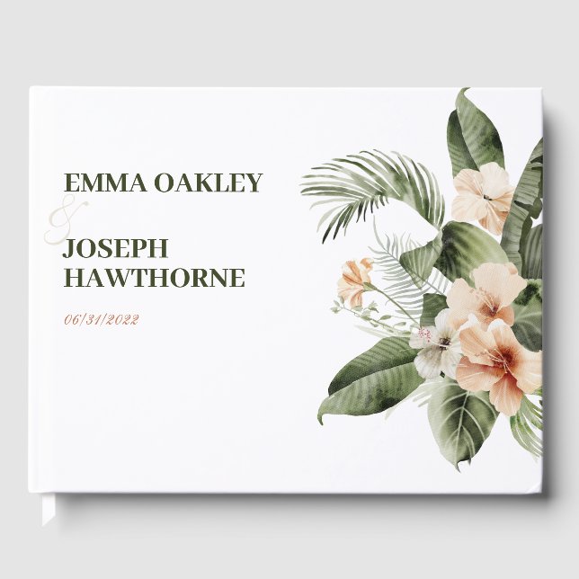 Tropical hibiscus boho pastel Wedding Guest Book (Front)