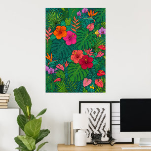 Tropical Hibiscus Botanical Jungle Leaves Poster