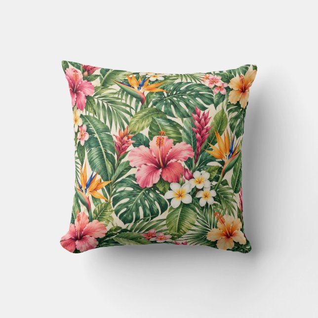 Tropical Hibiscus Botanical Pattern Cushion (Front)