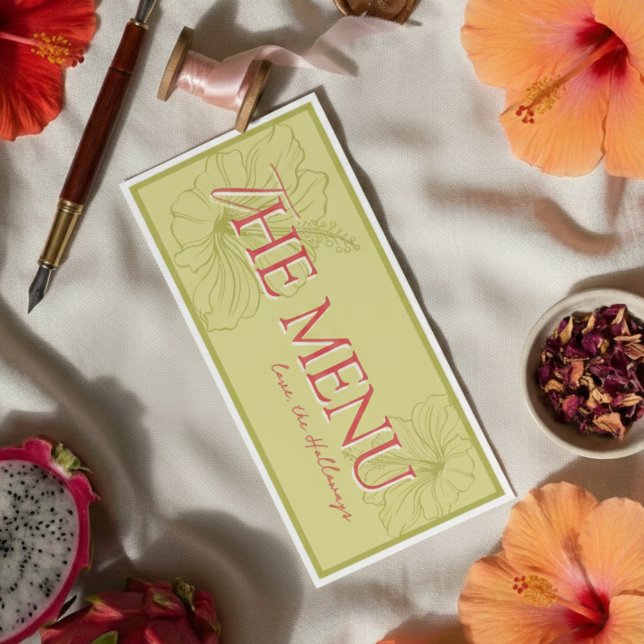 Tropical Hibiscus Chartreuse Vibrant Wedding Menu (Elevate your reception table with this Tropical Hibiscus Chartreuse Vibrant Wedding Menu!)