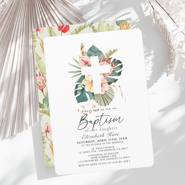 Tropical Hibiscus & Cross Baptism Invitation (Creator Uploaded)