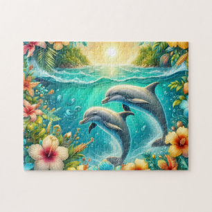 Tropical Hibiscus Dolphins Jigsaw Puzzle