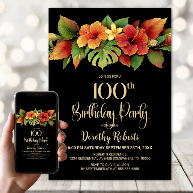 Tropical Hibiscus Floral Black 100th Birthday Invitation (Creator Uploaded)