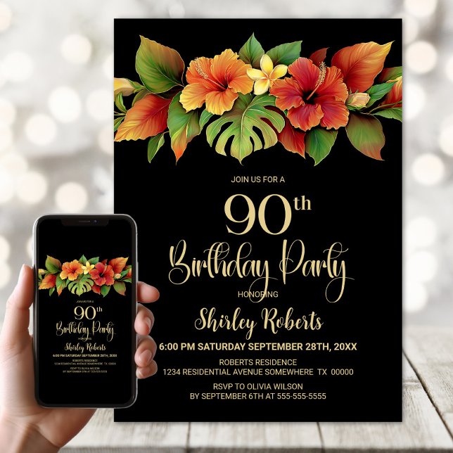 Tropical Hibiscus Floral Black 90th Birthday Party Invitation (Creator Uploaded)
