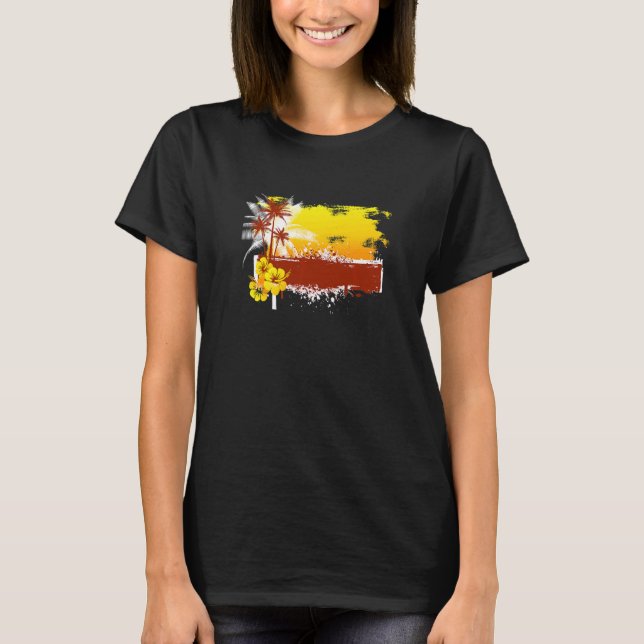 Tropical Hibiscus Floral Flower Palm Leaf Hawaiian T-Shirt (Front)