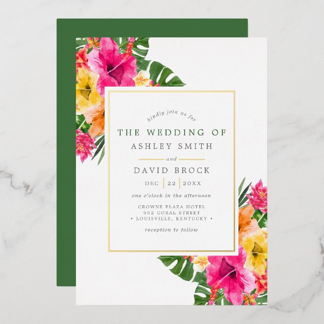Tropical Hibiscus Floral Palm Leaves Wedding (Front/Back)