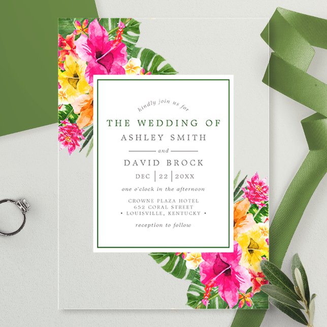 Tropical Hibiscus Floral Palm Leaves Wedding Acrylic Invitations (Creator Uploaded)