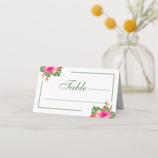 Tropical Hibiscus Floral Palm Leaves Wedding  Place Card (Front)