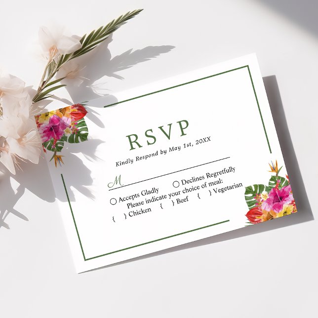 Tropical Hibiscus Floral Palm Leaves Wedding RSVP Card (Creator Uploaded)