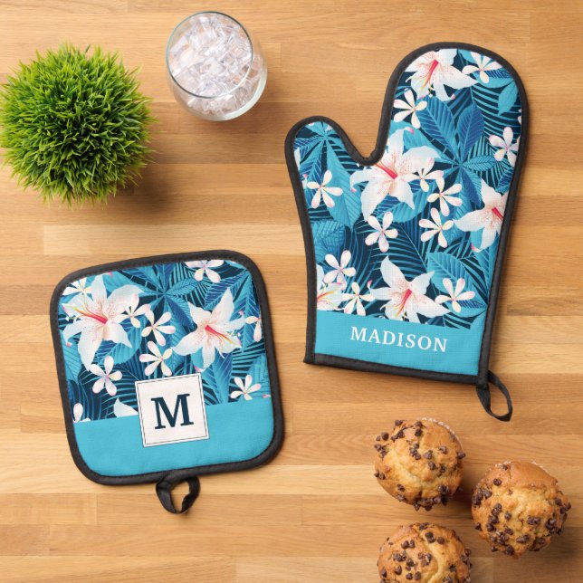 Tropical Hibiscus Floral Pattern 2 Oven Mitt & Pot Holder Set (Top Down)