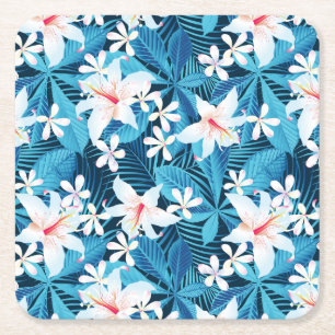 Tropical Hibiscus Floral Pattern 2 Square Paper Coaster