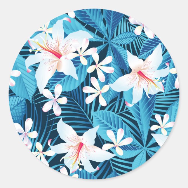 Tropical Hibiscus Floral Pattern Classic Round Sticker (Front)