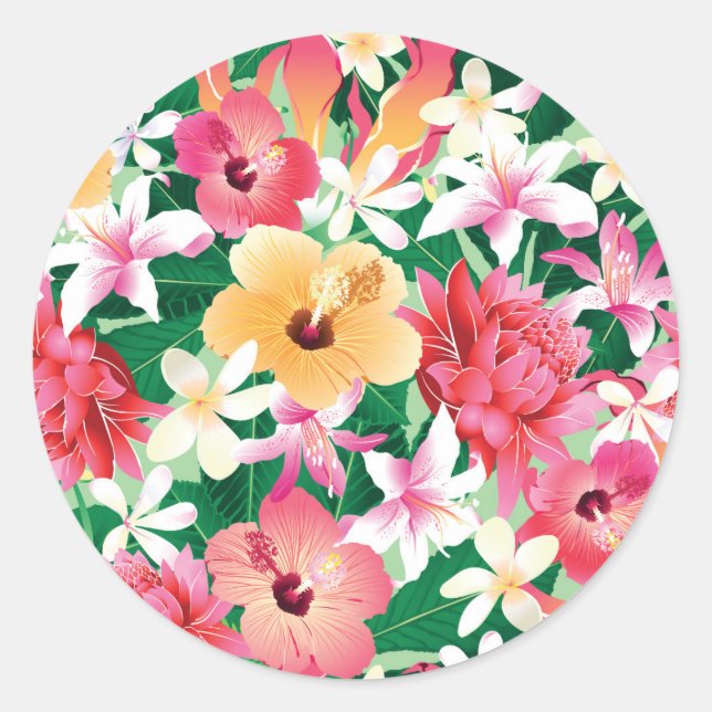 Tropical Hibiscus Floral Pattern Classic Round Sticker (Front)