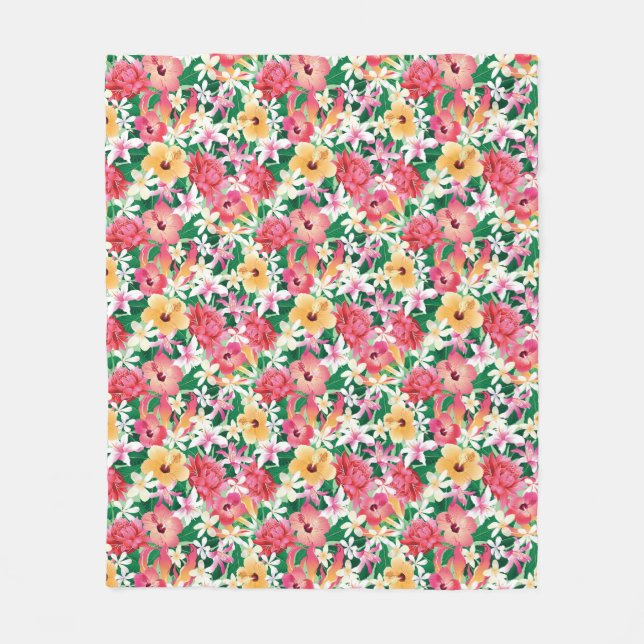 Tropical Hibiscus Floral Pattern Fleece Blanket (Front)