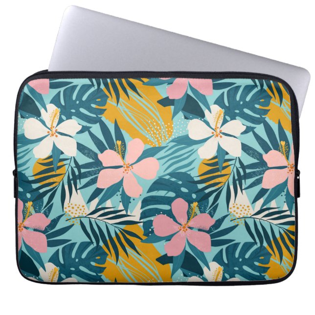 Tropical Hibiscus Floral Pattern Laptop Sleeve (Front)