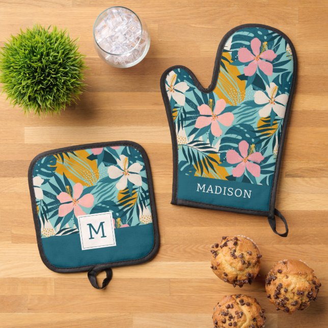 Tropical Hibiscus Floral Pattern Oven Mitt & Pot Holder Set (Top Down)