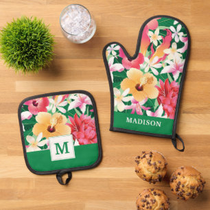 Tropical Hibiscus Floral Pattern Oven Mitt & Pot Holder Set