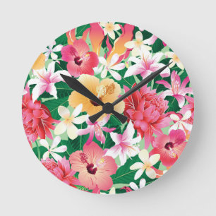 Tropical Hibiscus Floral Pattern Round Clock