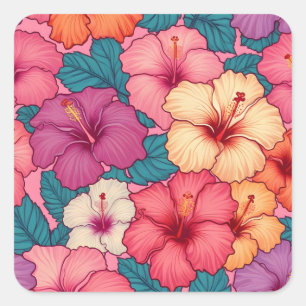 Tropical hibiscus floral pattern square sticker
