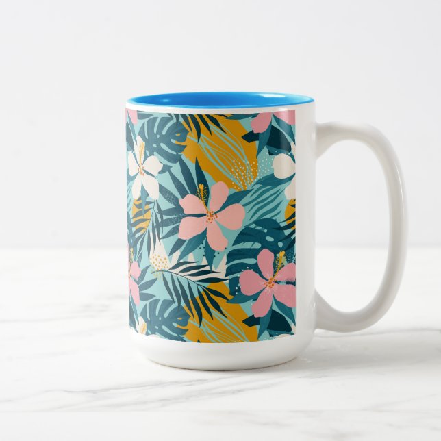 Tropical Hibiscus Floral Pattern Two-Tone Coffee Mug (Right)