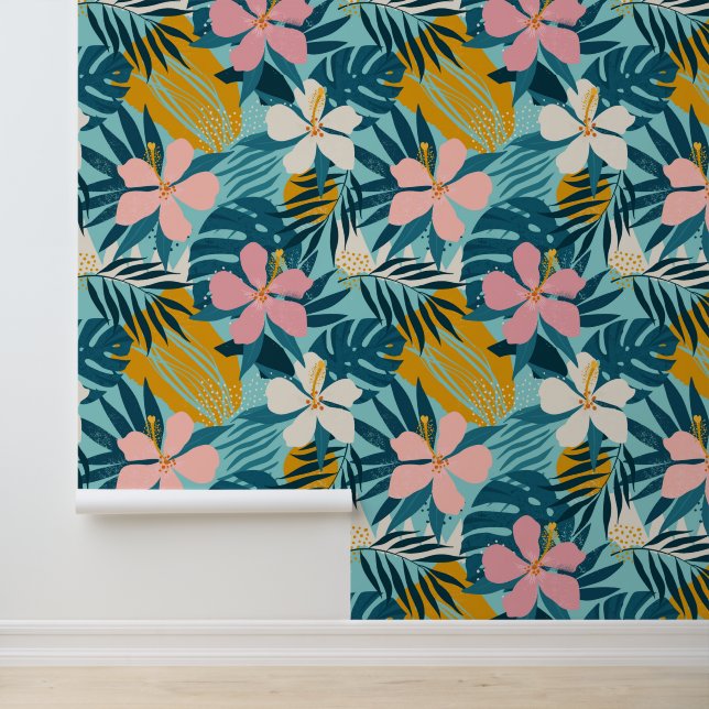 Tropical Hibiscus Floral Pattern Wallpaper (Application)