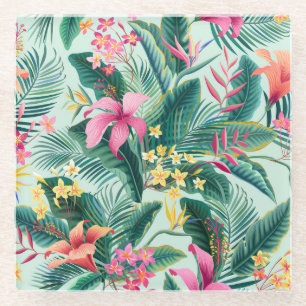 Tropical Hibiscus: Floral Seamless Pattern Glass Coaster