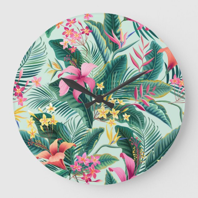 Tropical Hibiscus: Floral Seamless Pattern Large Clock (Front)