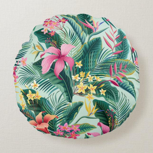 Tropical Hibiscus: Floral Seamless Pattern Round Cushion (Front)