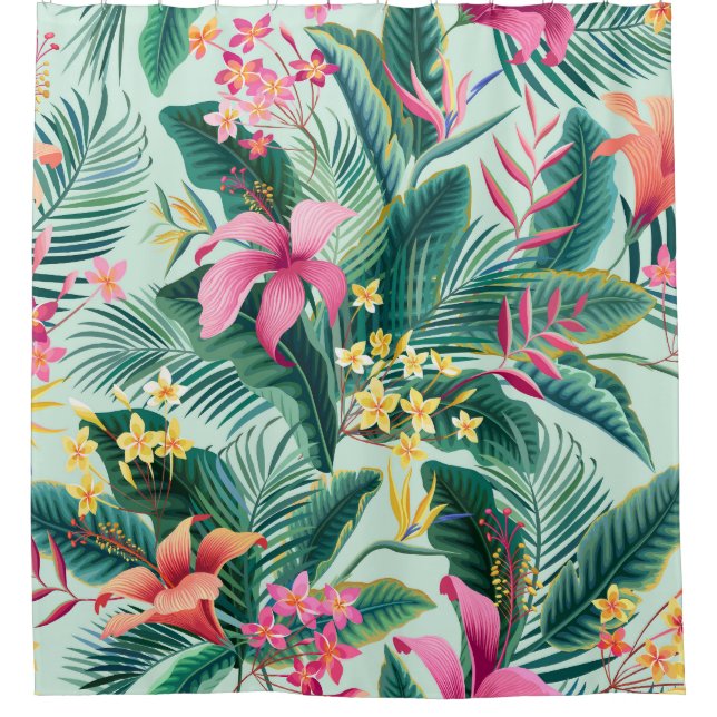 Tropical Hibiscus: Floral Seamless Pattern Shower Curtain (Front)