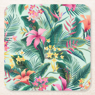Tropical Hibiscus: Floral Seamless Pattern Square Paper Coaster