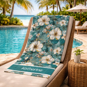 Tropical Hibiscus Floral Teal Beach Towel