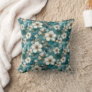 Tropical Hibiscus Floral Teal Cushion
