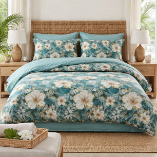 Tropical Hibiscus Floral Teal Pillowcase
