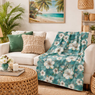 Tropical Hibiscus Floral Teal Sherpa Blanket