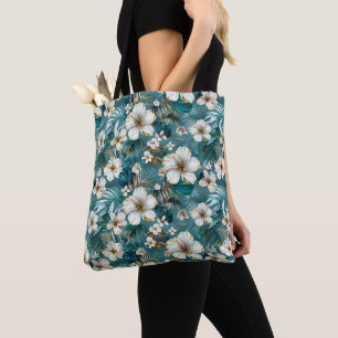 Tropical Hibiscus Floral Teal Tote Bag