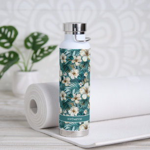 Tropical Hibiscus Floral Teal Water Bottle