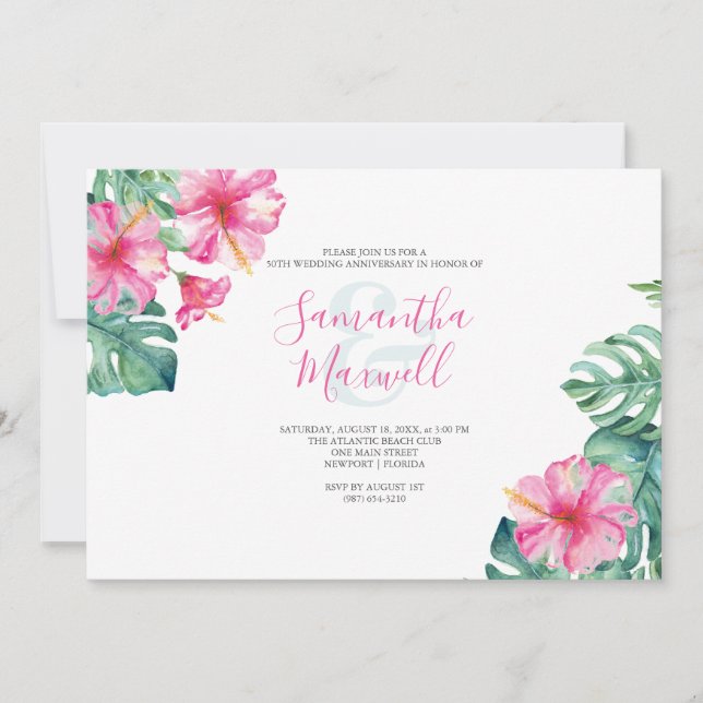 Tropical Hibiscus Flower Anniversary Invite (Front)