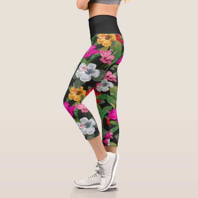Tropical Hibiscus Flower Capri Leggings (Left)
