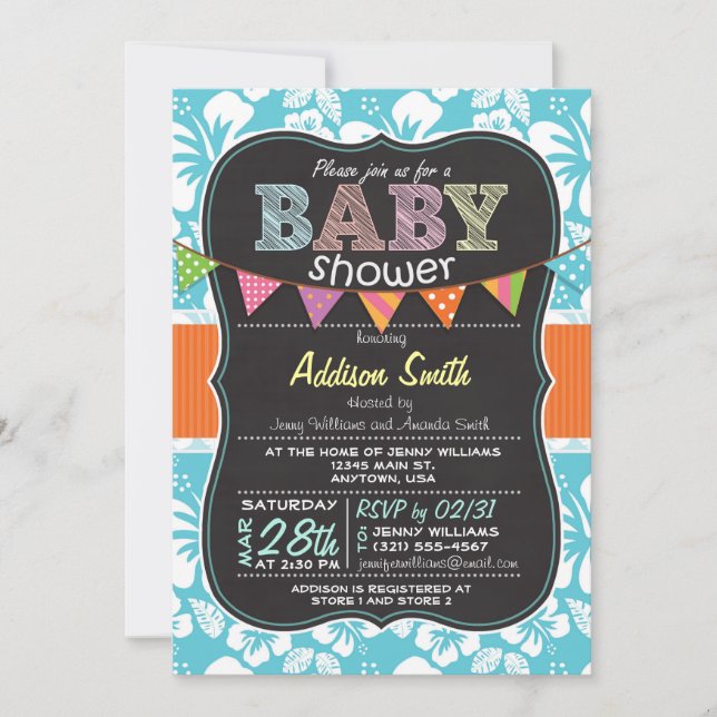 Tropical Hibiscus Flower Chalkboard Baby Shower Invitation (Front)