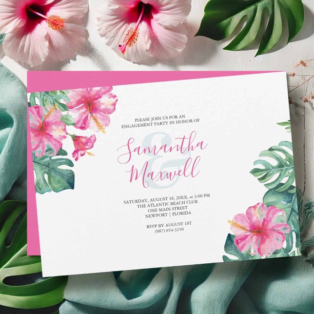 Tropical Hibiscus Flower Engagement Party (Flat lay of a tropical hibiscus flower engagement party invitation )