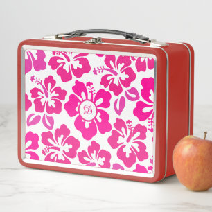 tropical hibiscus flower hawaii pink floral metal lunch box