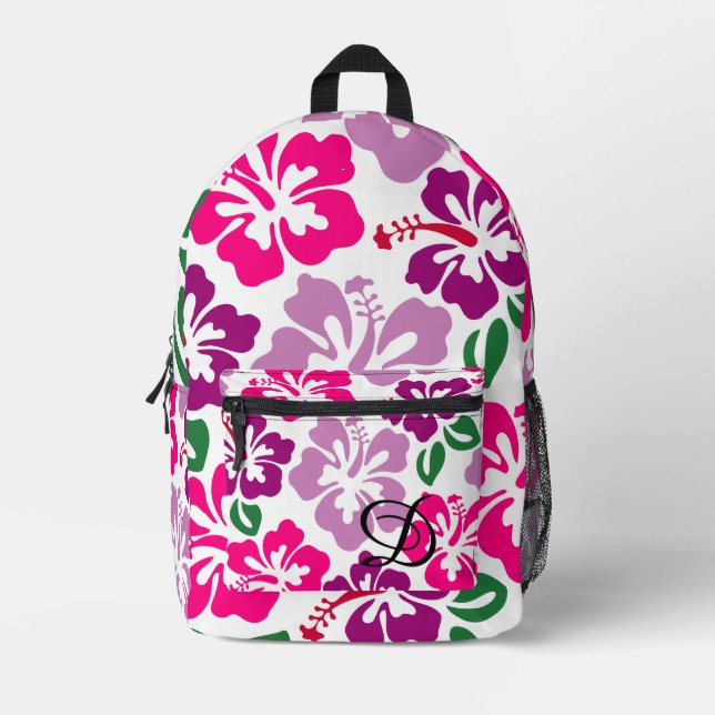 tropical hibiscus flower hawaii pink purple floral printed backpack (Front)