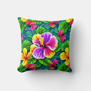 Tropical Hibiscus Flower Jungle Leaf Cushion