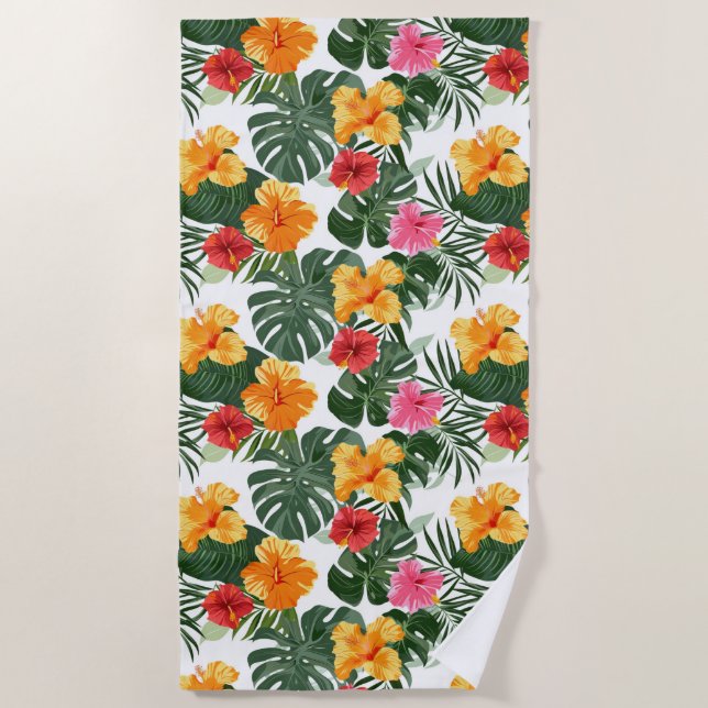 Tropical Hibiscus Flower Pattern  Beach Towel (Front)