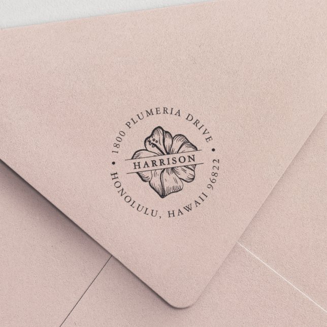 Tropical Hibiscus Flower Round Return Address Self-inking Stamp (Creator Uploaded)