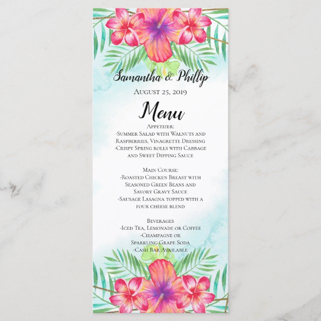 Tropical Hibiscus Flower Watercolor Beach Menu (Front)