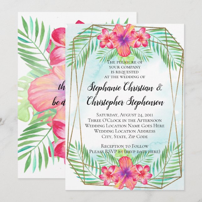 Tropical Hibiscus Flower Watercolor Beach Wedding Invitation (Front/Back)