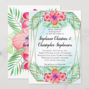 Tropical Hibiscus Flower Watercolor Beach Wedding Invitation