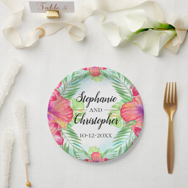 Tropical Hibiscus Flower Watercolor Beach Wedding Paper Plate (Wedding)