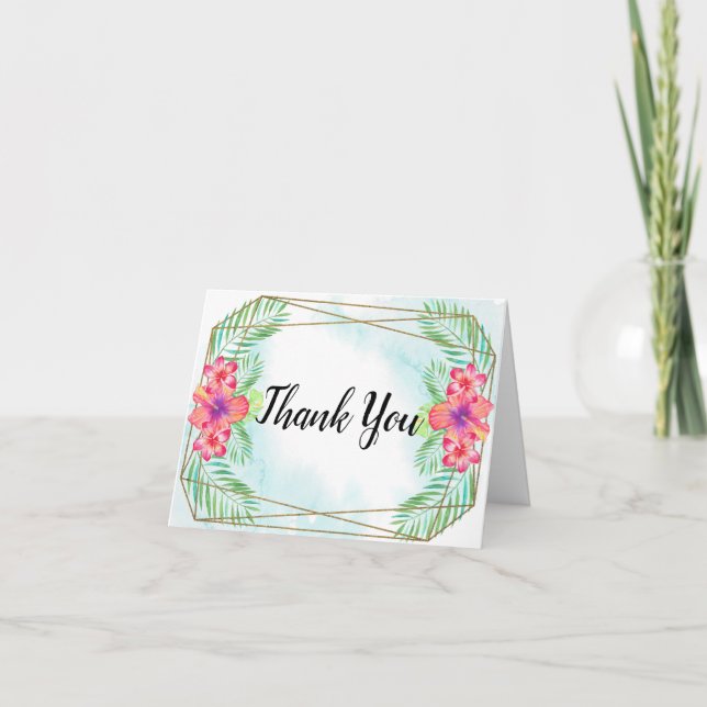 Tropical Hibiscus Flower Watercolor Beach Wedding Thank You Card (Front)